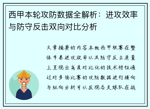 西甲本轮攻防数据全解析:进攻效率与防守反击双向对比分析 西甲本轮攻防数据全解析:进攻效率与防守反击双向对比分析