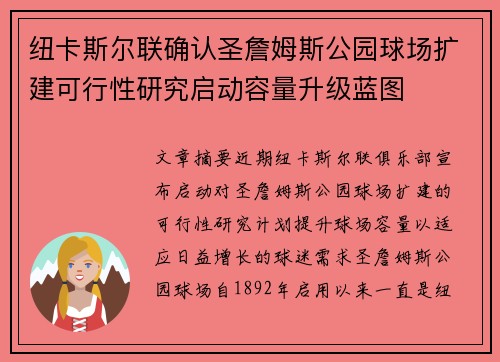 纽卡斯尔联确认圣詹姆斯公园球场扩建可行性研究启动容量升级蓝图 纽卡斯尔联确认圣詹姆斯公园球场扩建可行性研究启动容量升级蓝图